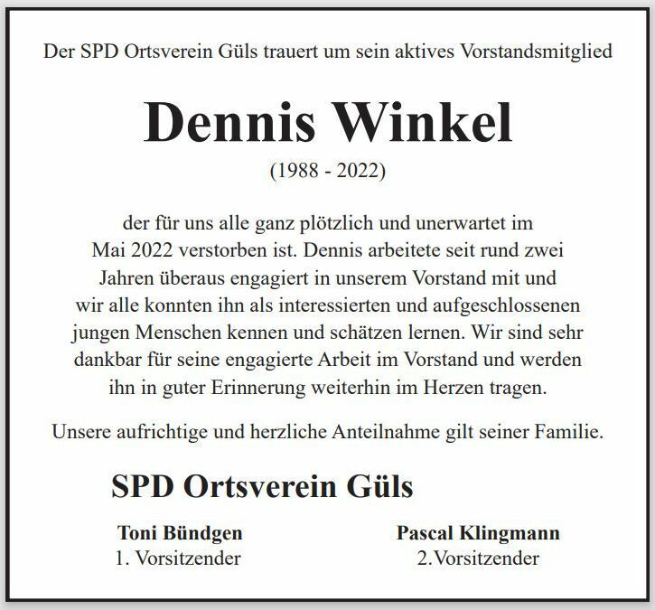 SPD Güls trauert um Vorstandsmitglied